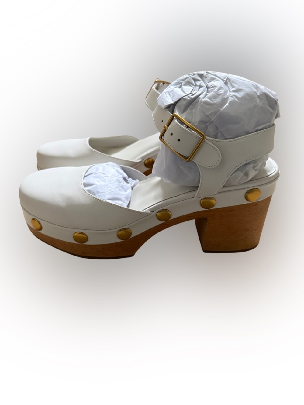 Charlotte Stone White Leather Platform Clogs with Gold Studs 10